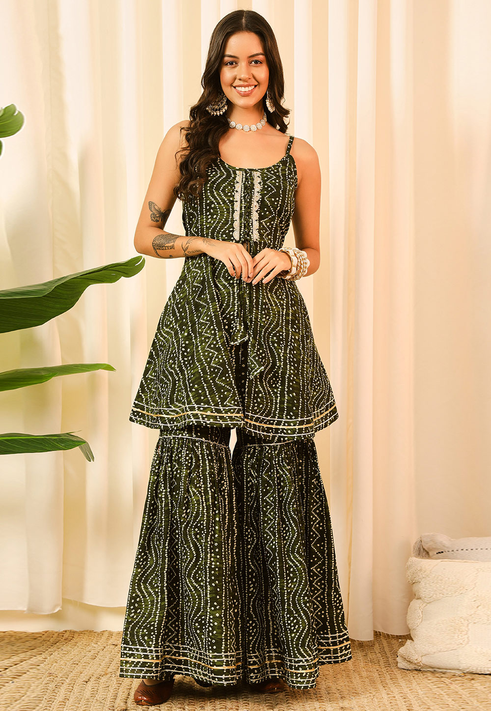 Green Cotton Kurta Set With Sharara 319951