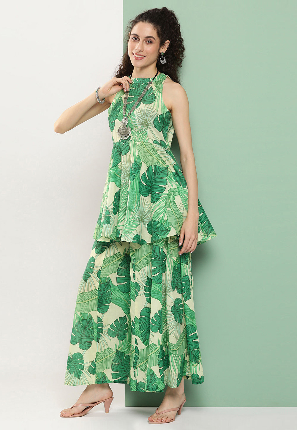 Green Cotton Kurta Set With Sharara 281422