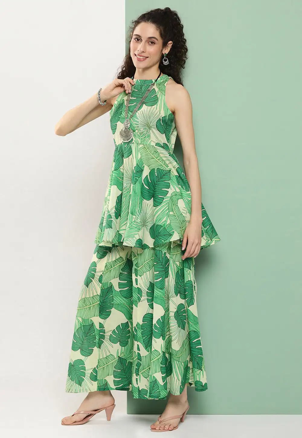 Green Cotton Kurta Set With Sharara 281422