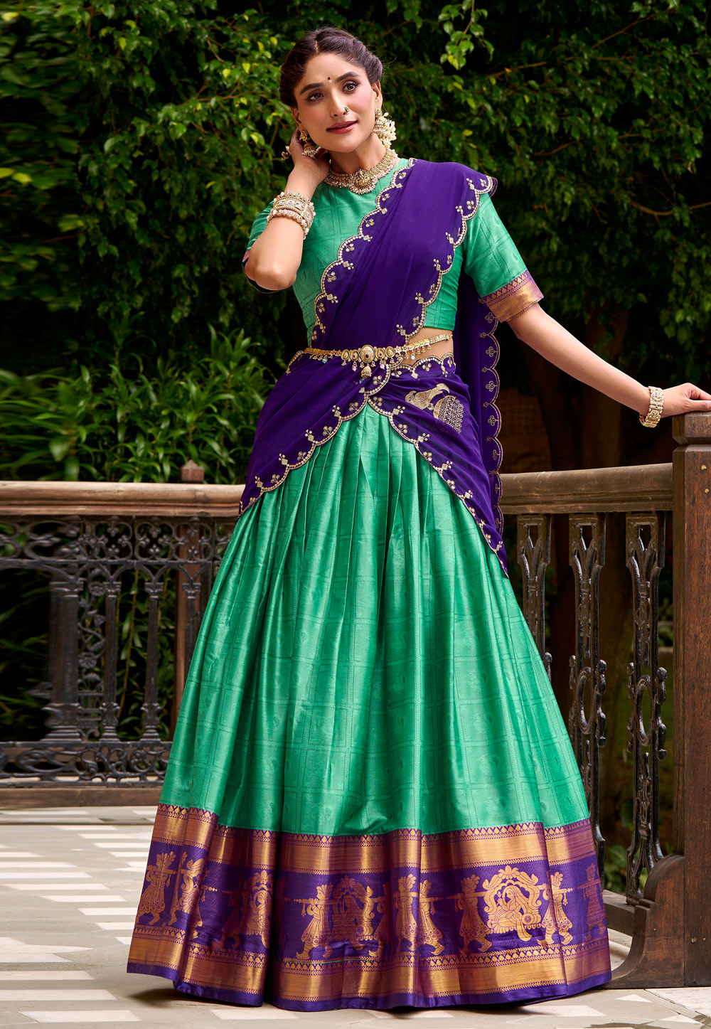 Green Cotton Lehenga Choli 318534