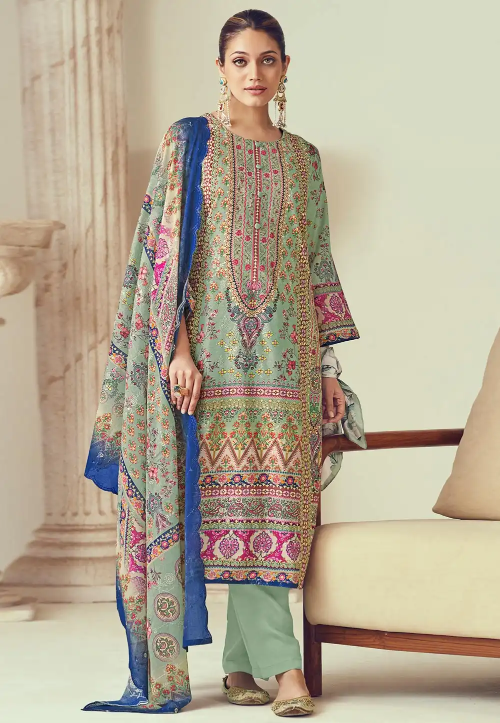 Green Cotton Pakistani Suit 313708