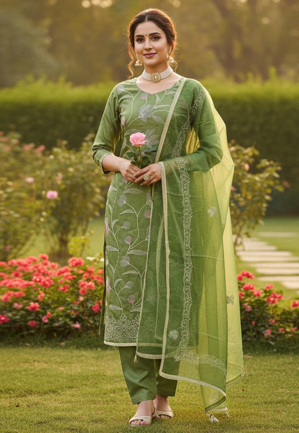 Green Cotton Pakistani Suit 324137