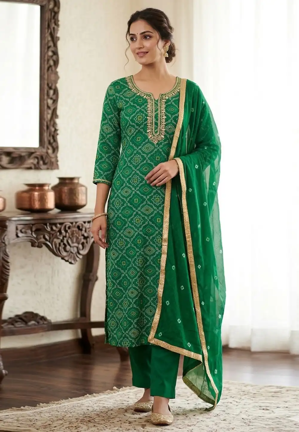 Green Cotton Pant Style Suit 330627