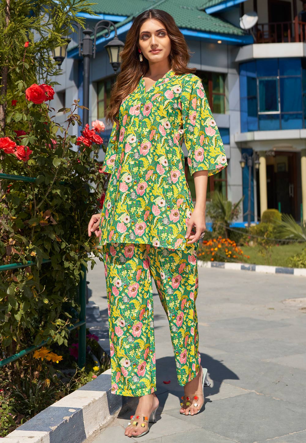 Green Cotton Printed Co-Ords Set 322679