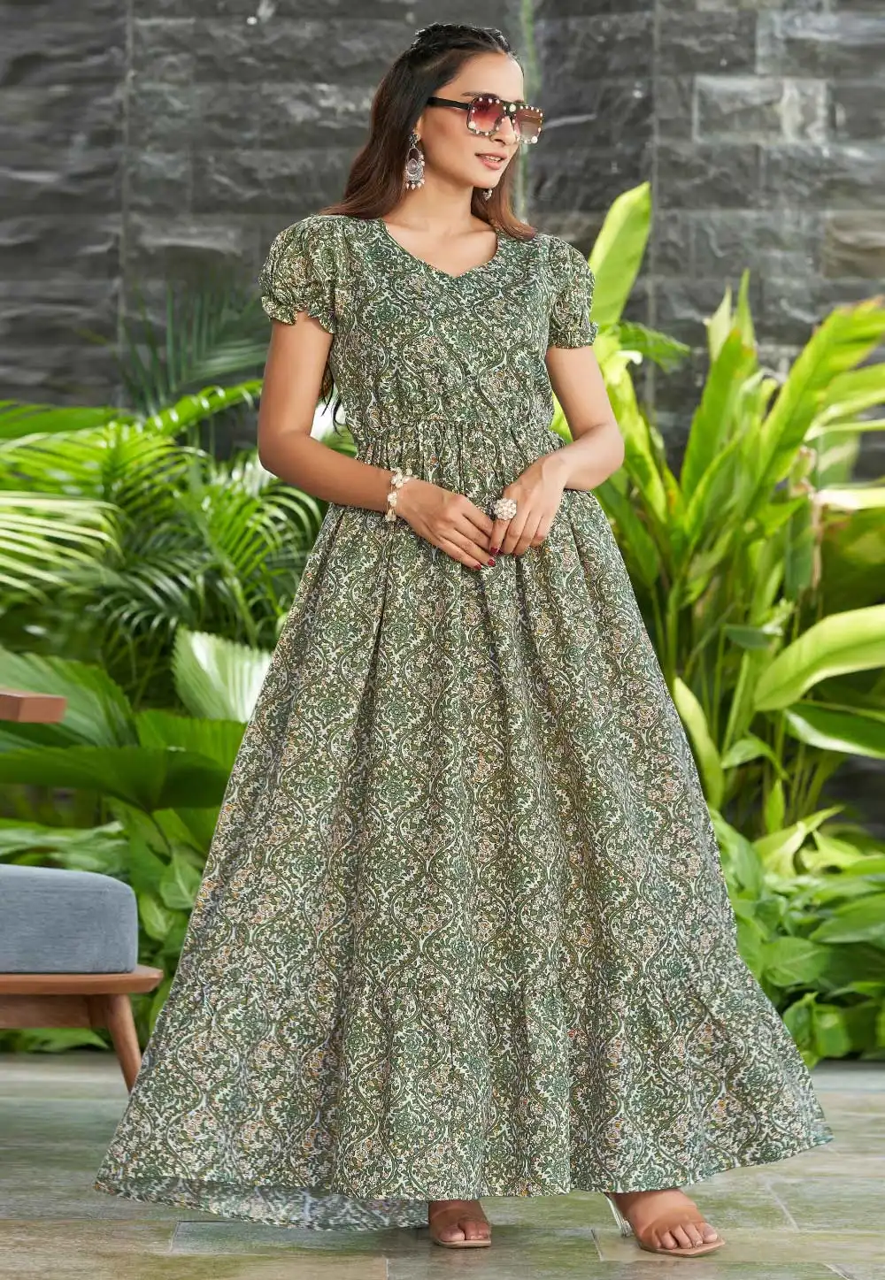 Green Cotton Printed Gown 330575