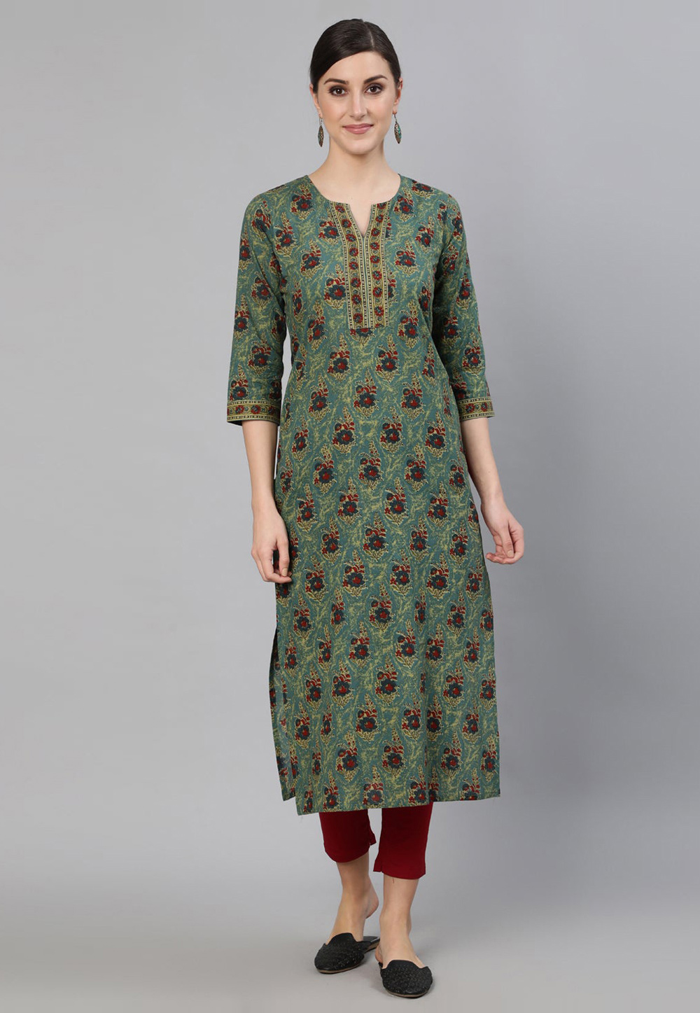 Green Cotton Printed Long Kurti 282683