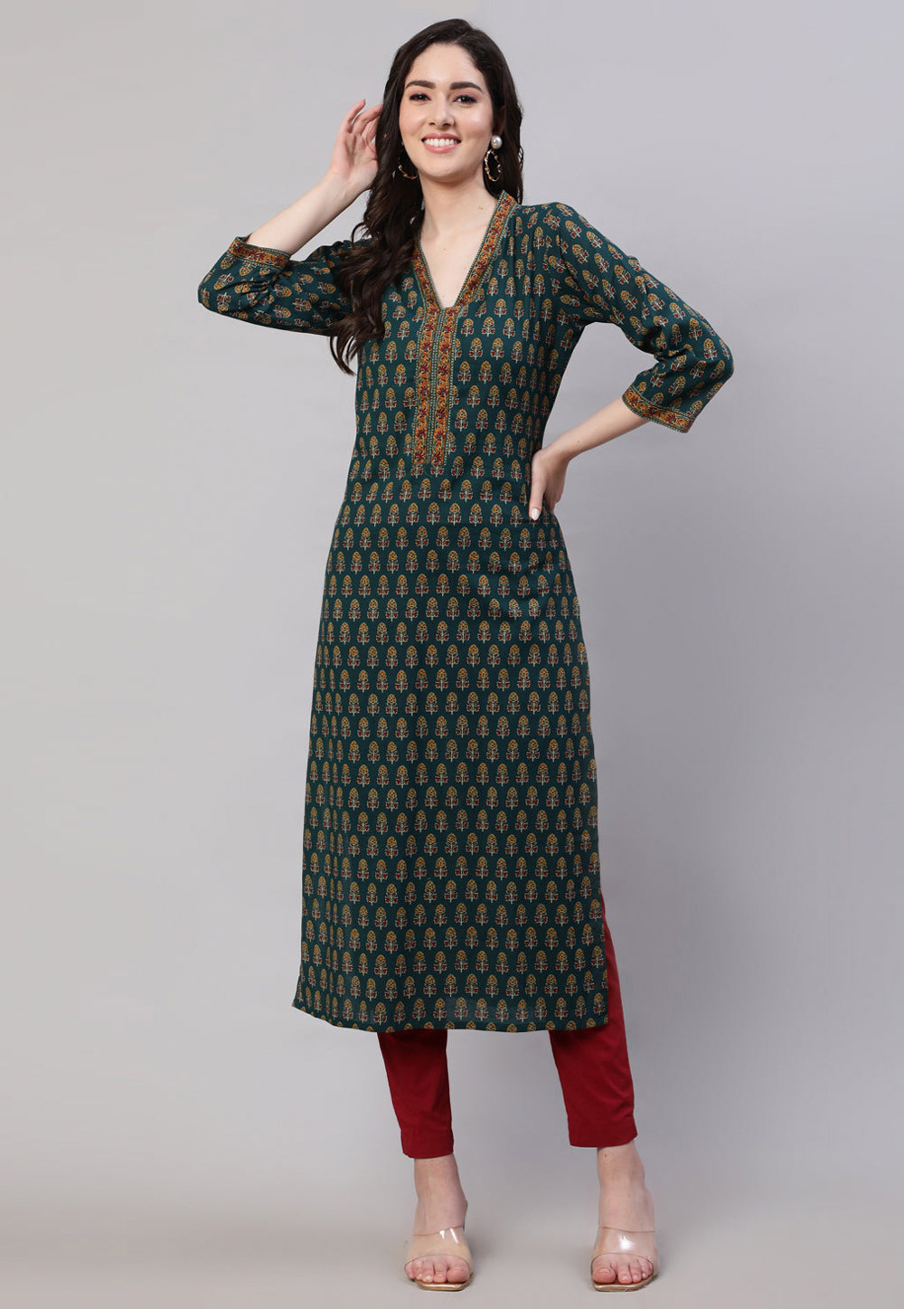 Green Cotton Printed Long Kurti 282771