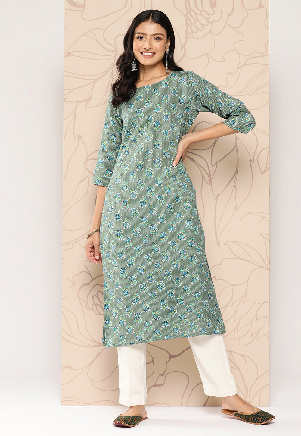 Green Cotton Printed Long Tunic 282766