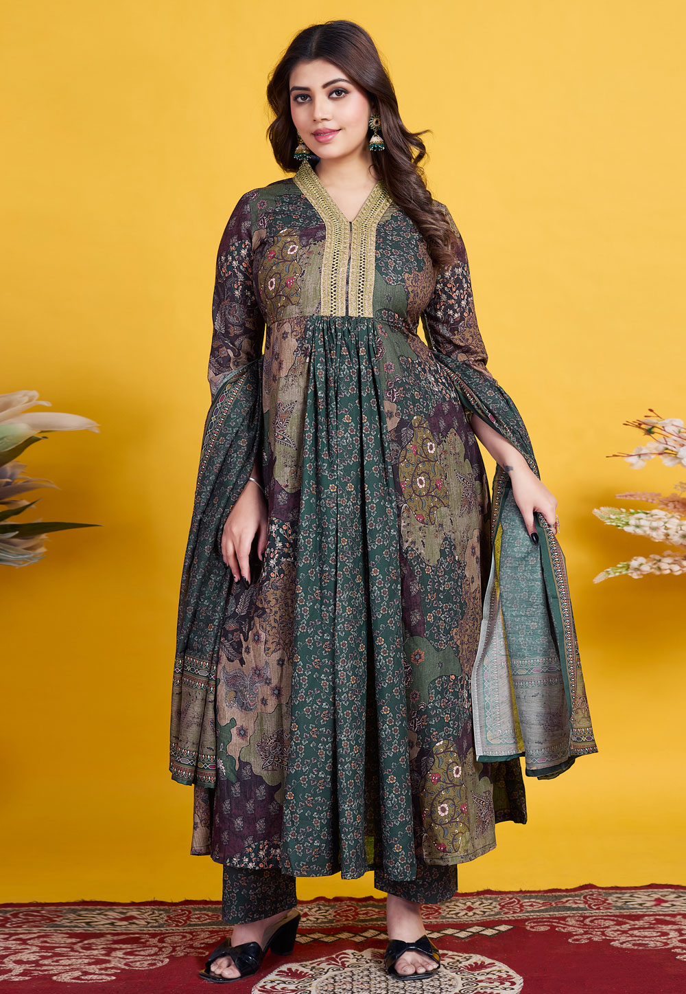 Green Cotton Readymade Anarkali Suit 307041