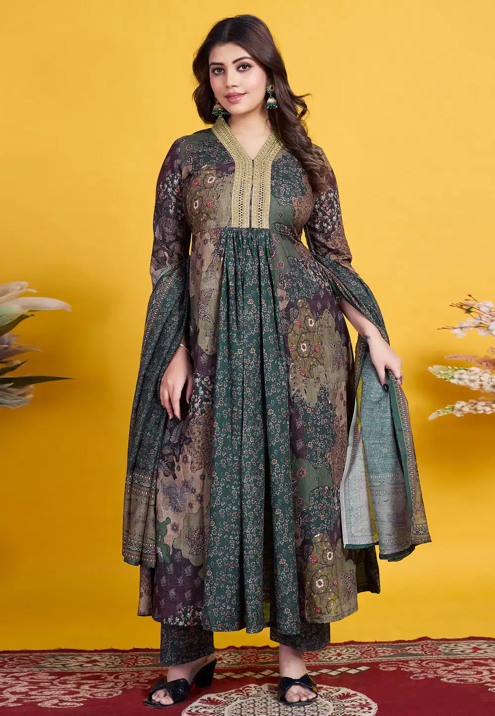 Green Cotton Readymade Anarkali Suit 307041