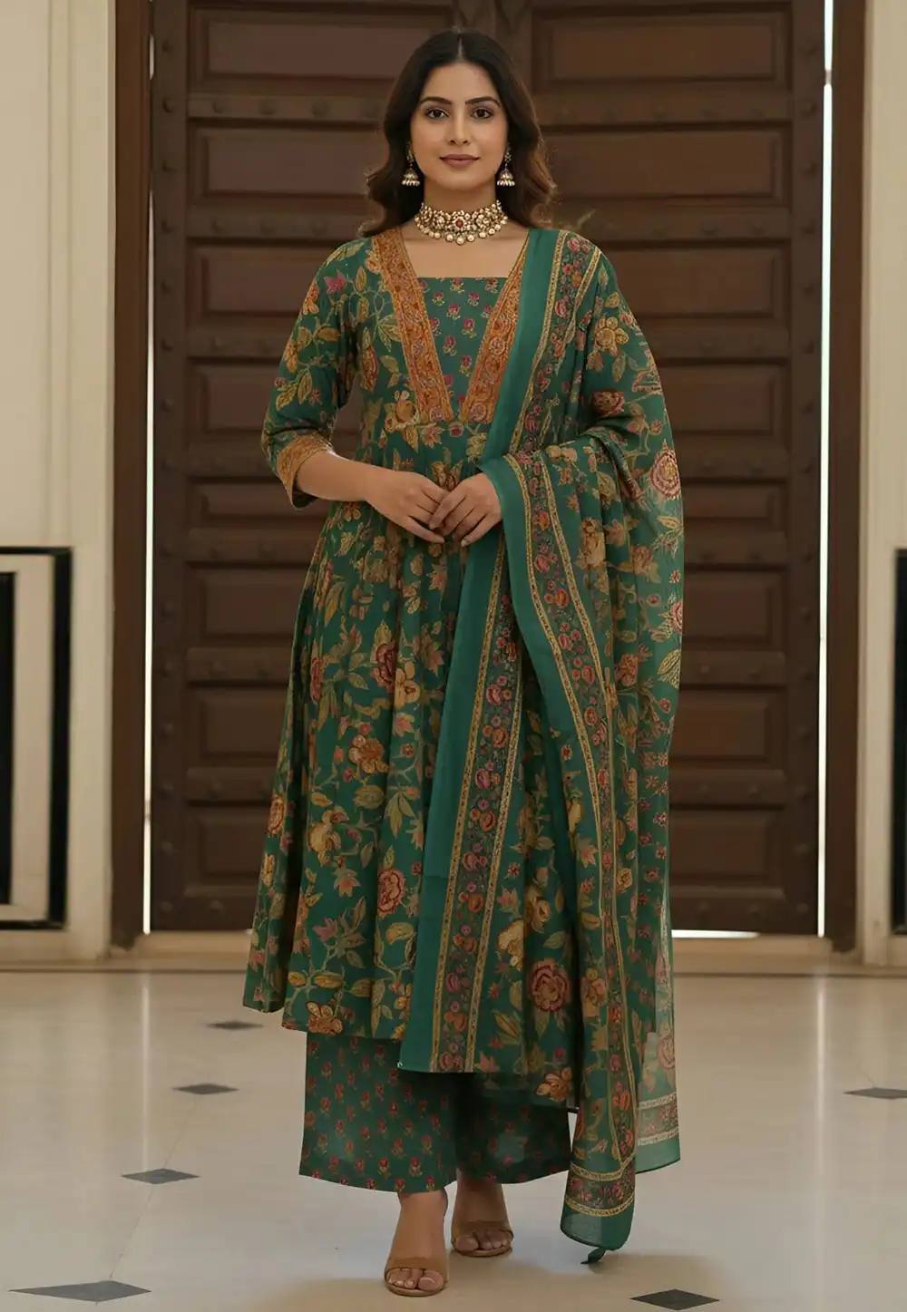 Green Cotton Readymade Pakistani Suit 326209