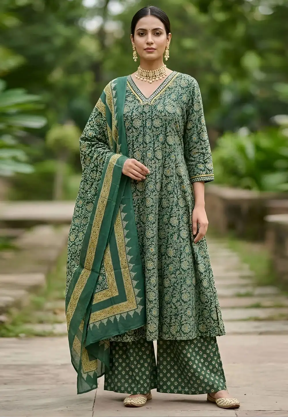 Green Cotton Readymade Pakistani Suit 326217