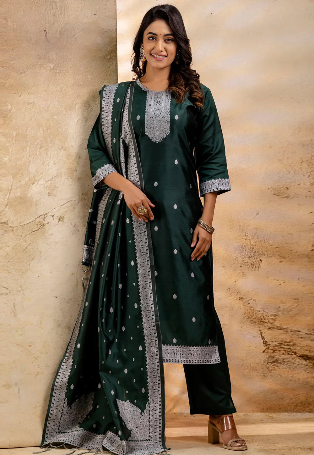 Green Cotton Readymade Pakistani Suit 308916