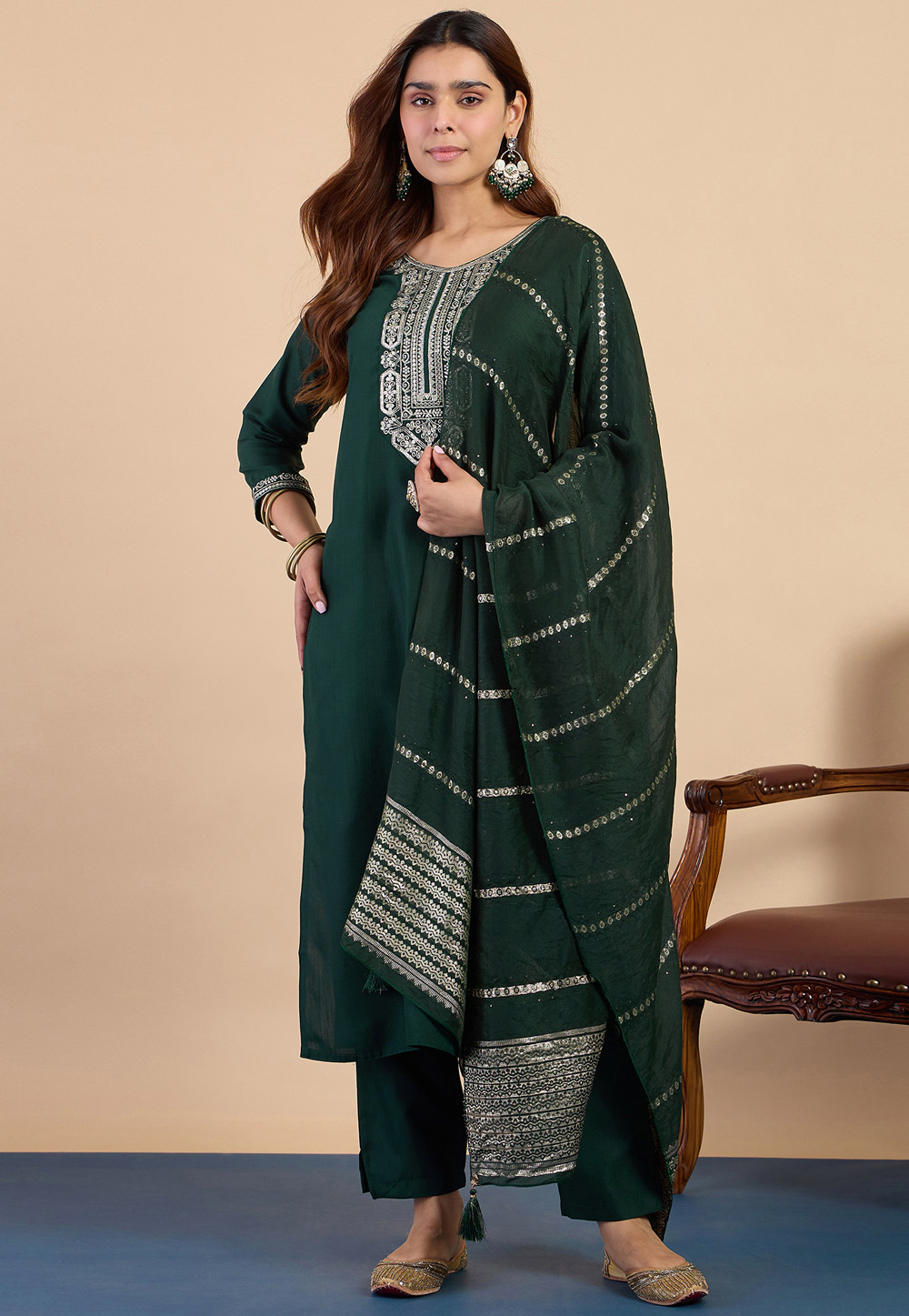 Green Cotton Readymade Pakistani Suit 328301