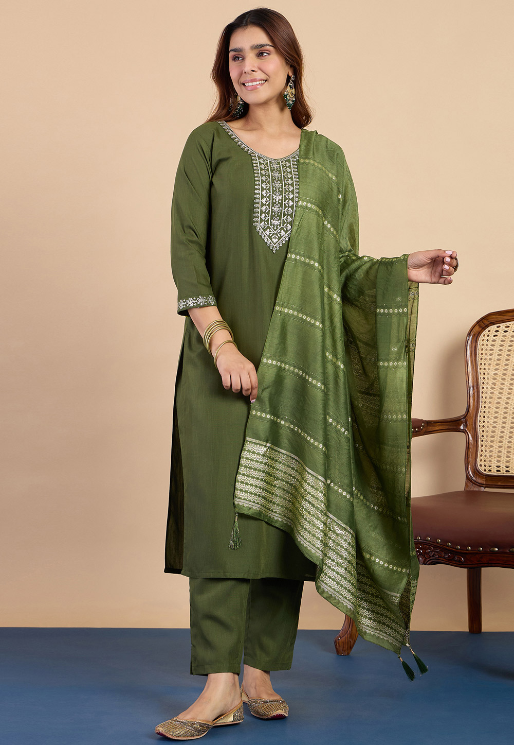 Green Cotton Readymade Pakistani Suit 328774
