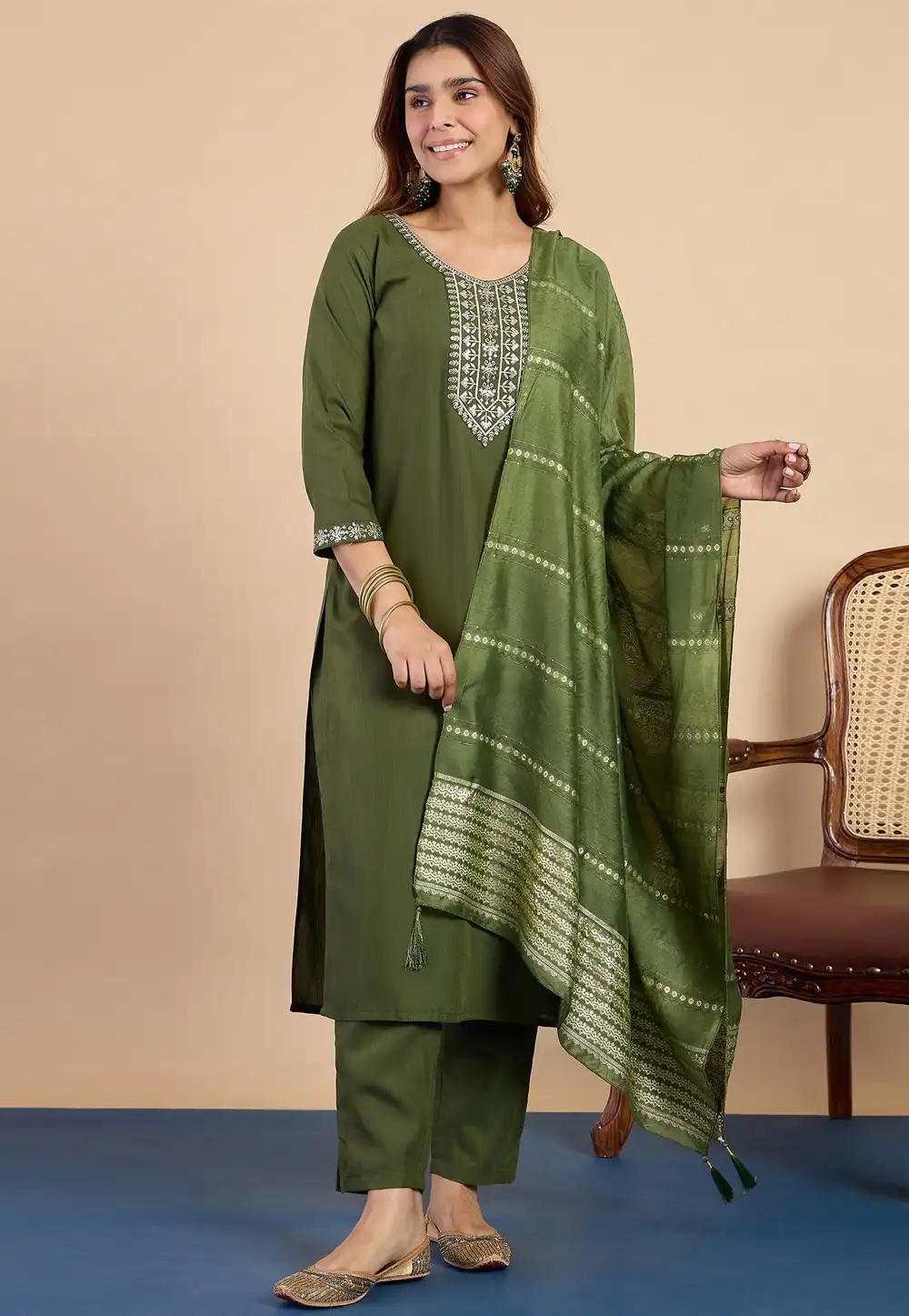 Green Cotton Readymade Pakistani Suit 328774