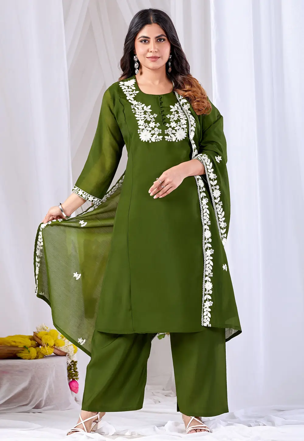 Green Cotton Readymade Pakistani Suit 331320