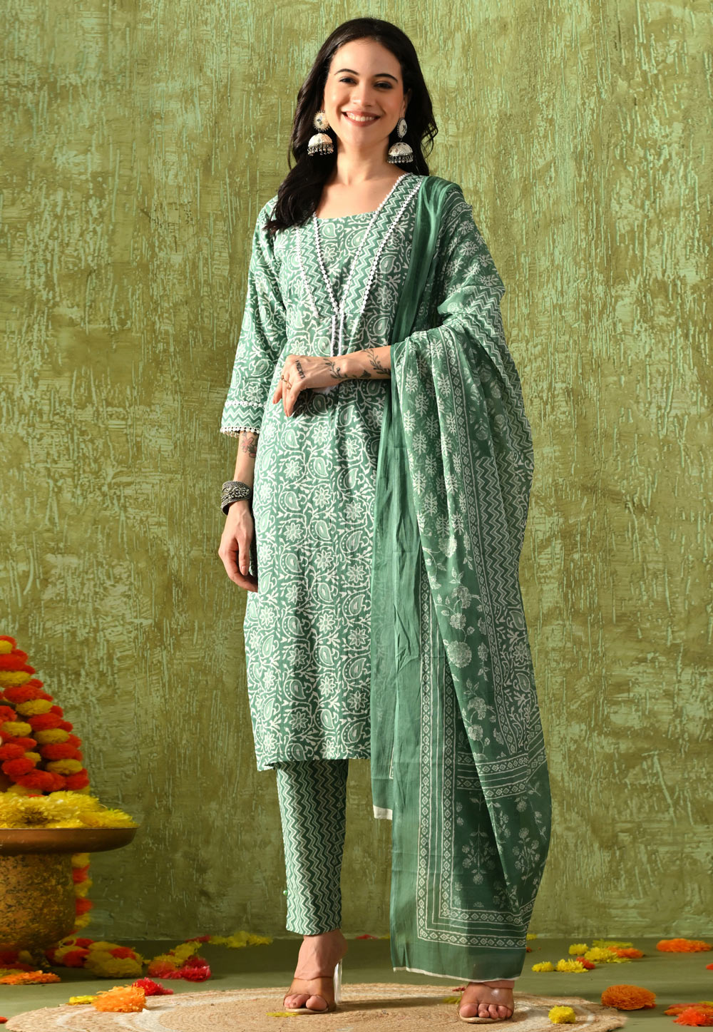 Green Cotton Readymade Pakistani Suit 321794