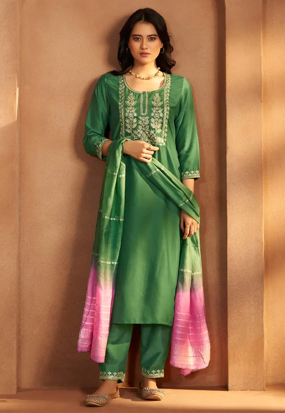 Green Cotton Readymade Pakistani Suit 321816