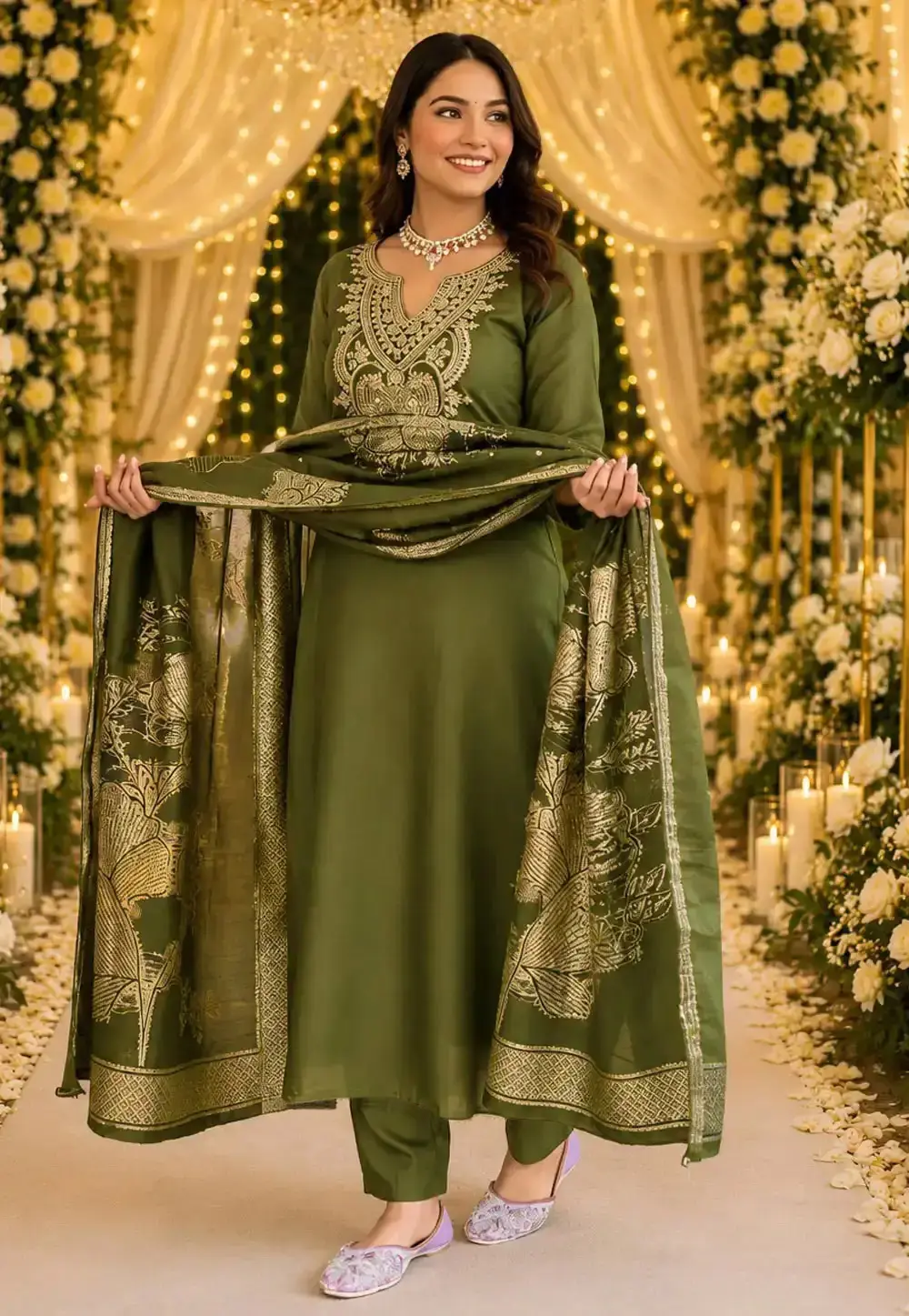 Green Cotton Readymade Pant Style Suit 330417