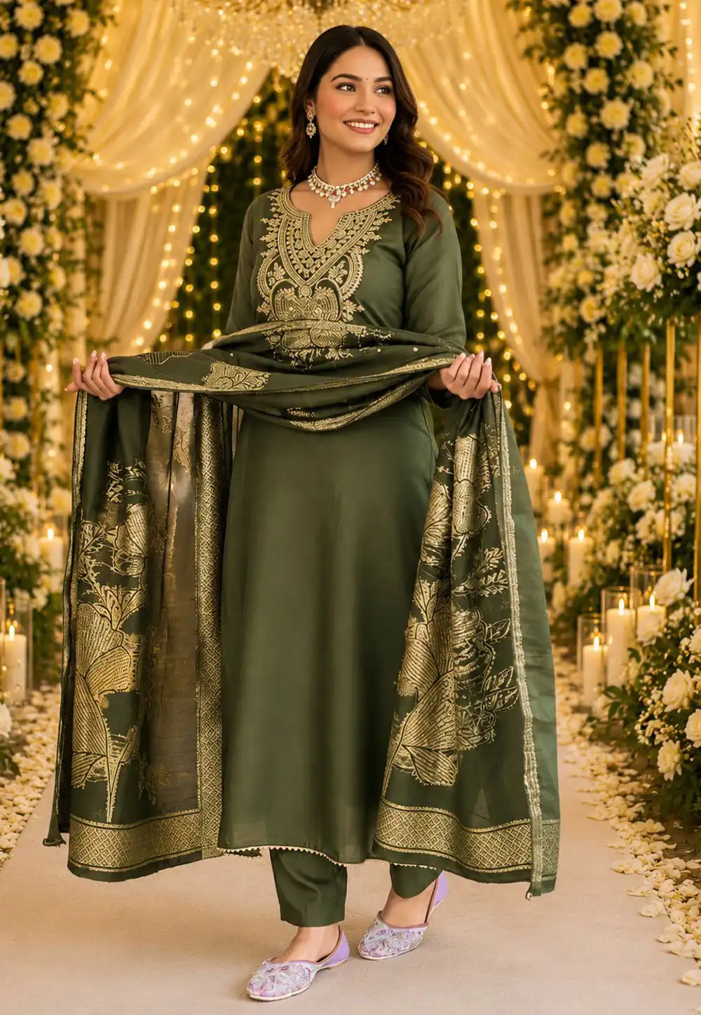 Green Cotton Readymade Pant Style Suit 330417