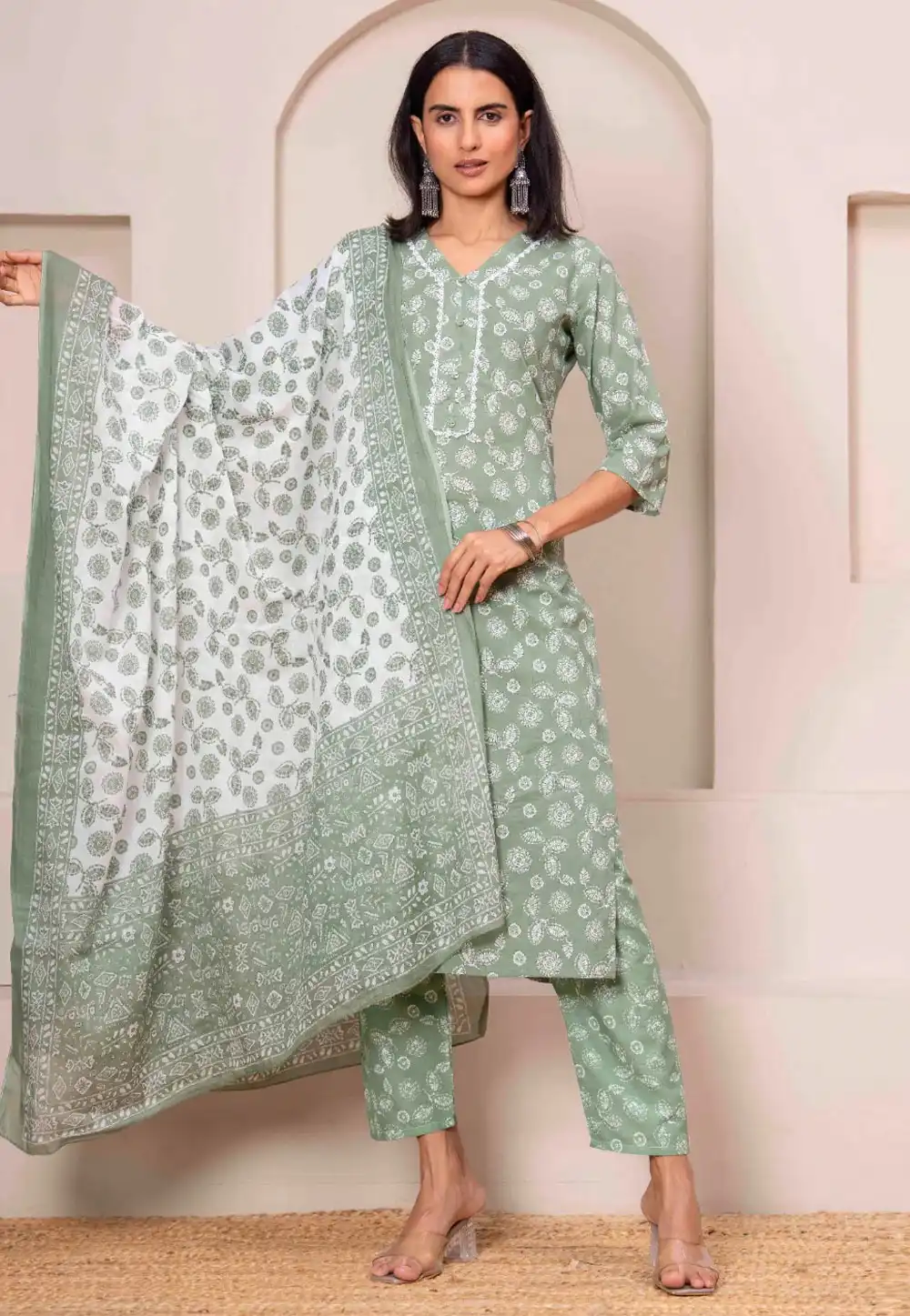 Green Cotton Readymade Pant Style Suit 314845