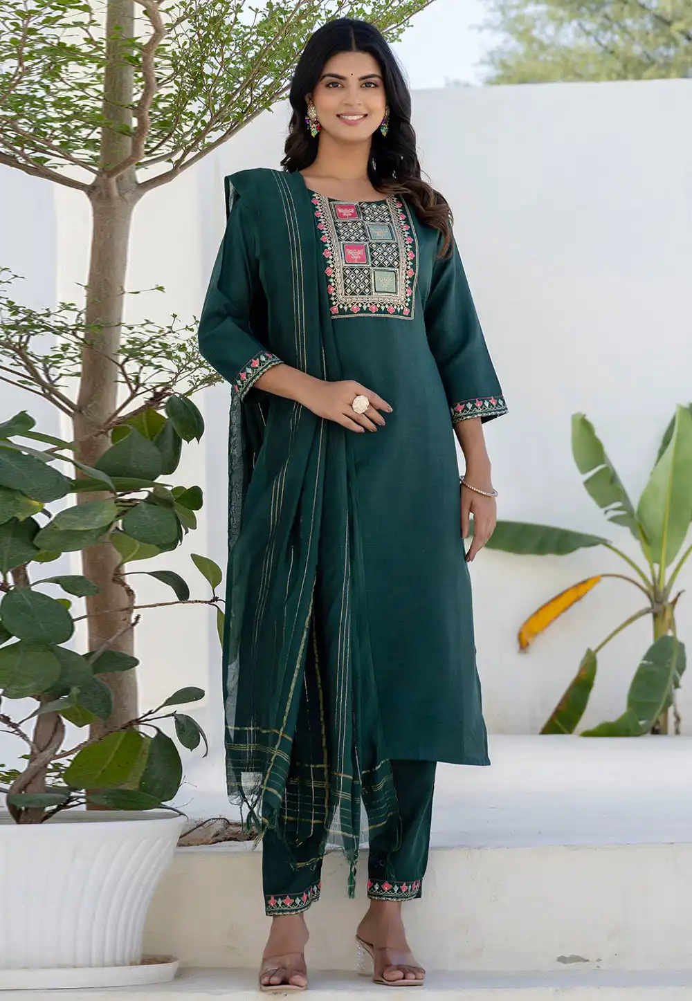 Green Cotton Readymade Pant Style Suit 313831