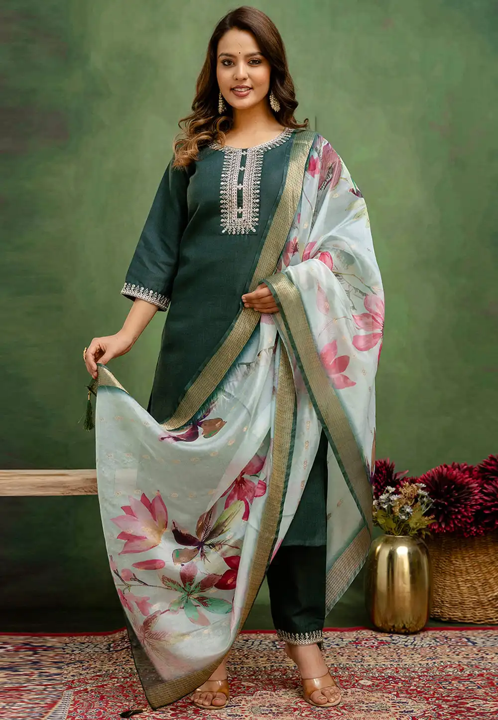 Green Cotton Readymade Pant Style Suit 313846