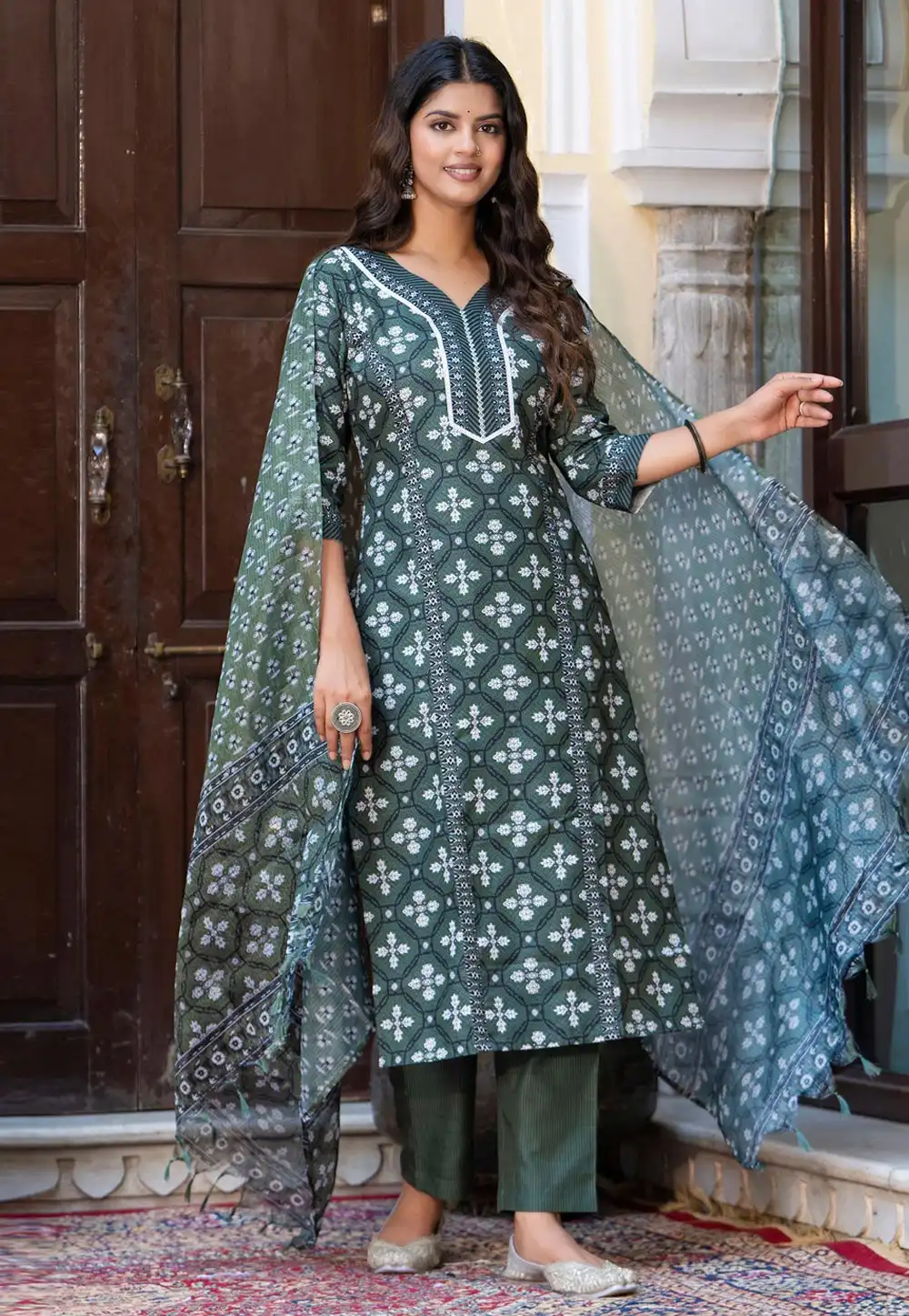 Green Cotton Readymade Pant Style Suit 326247