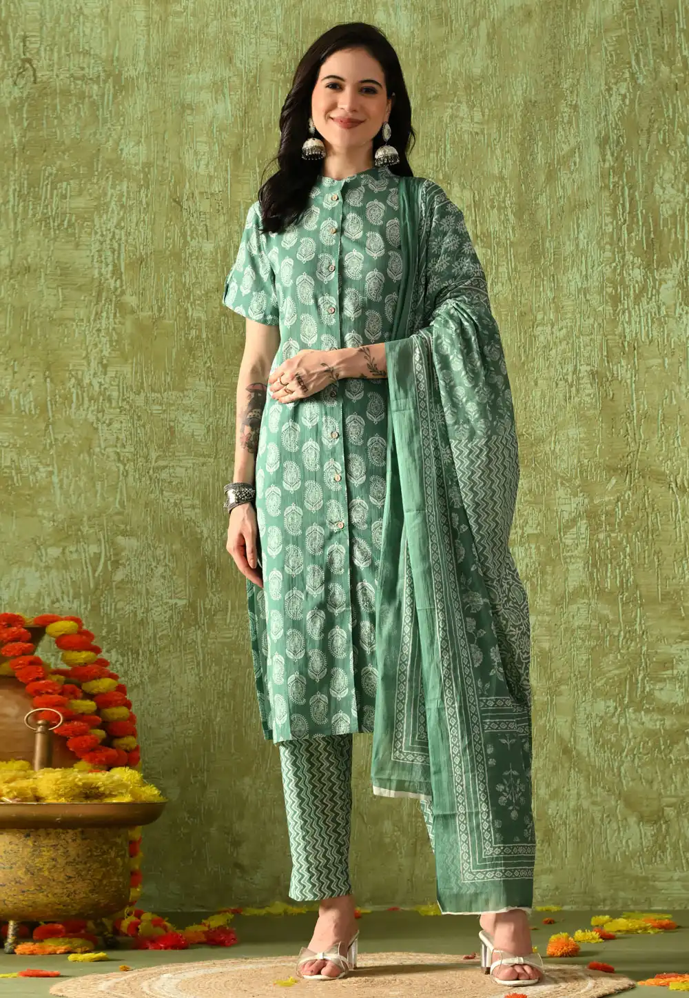 Green Cotton Readymade Pant Style Suit 321802
