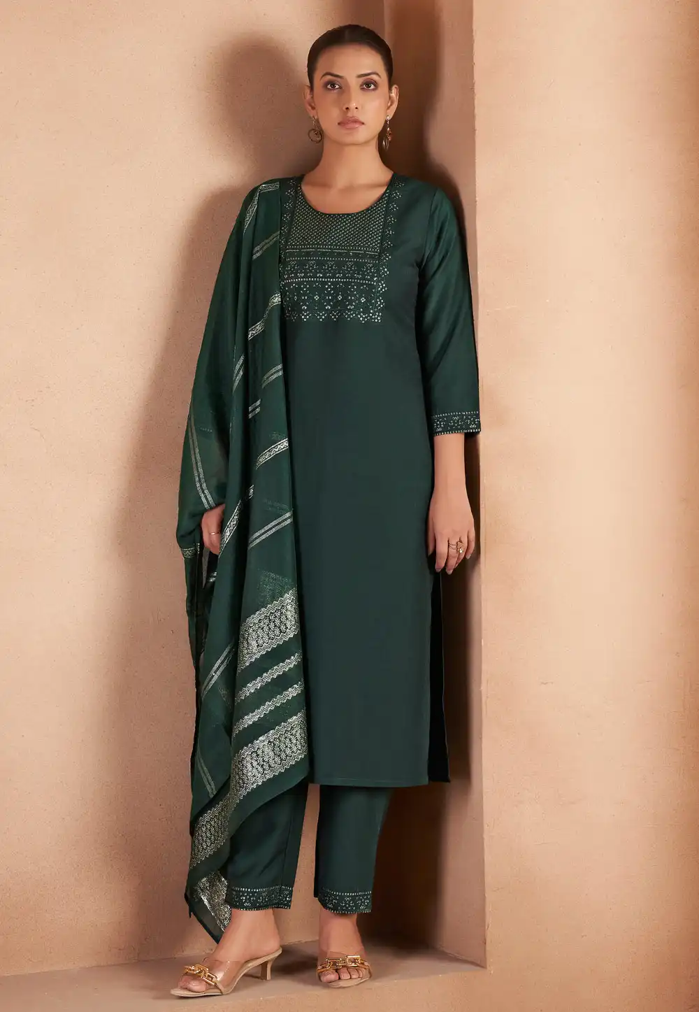 Green Cotton Readymade Pant Style Suit 321847
