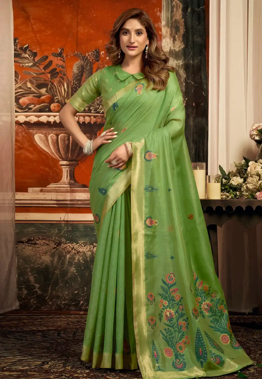 Green Cotton Saree With Blouse 327876