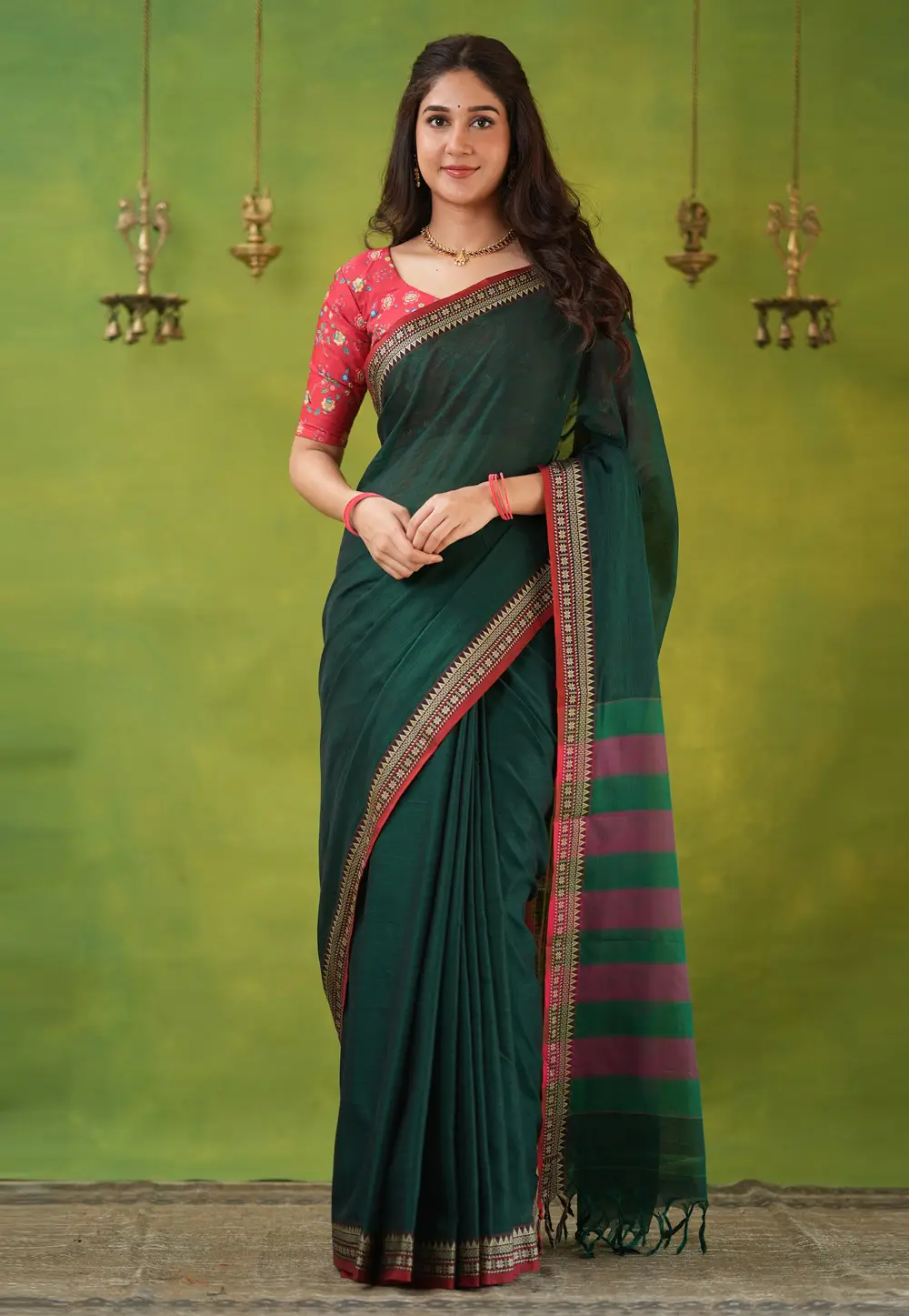 Green Cotton Saree With Blouse 332752