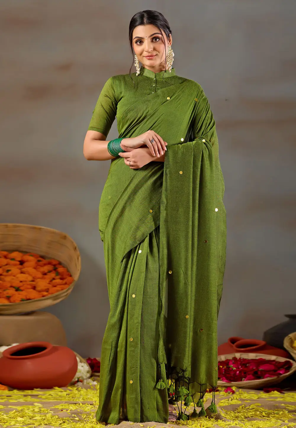 Green Cotton Saree With Blouse 332686
