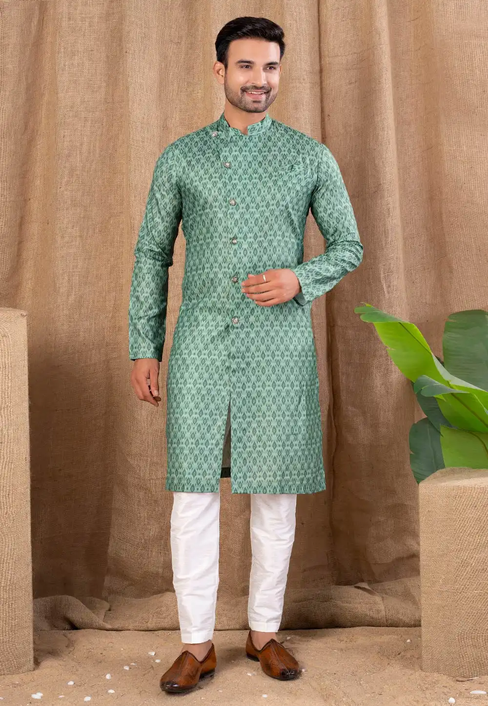 Green Cotton Silk Indo Western Suit 316484