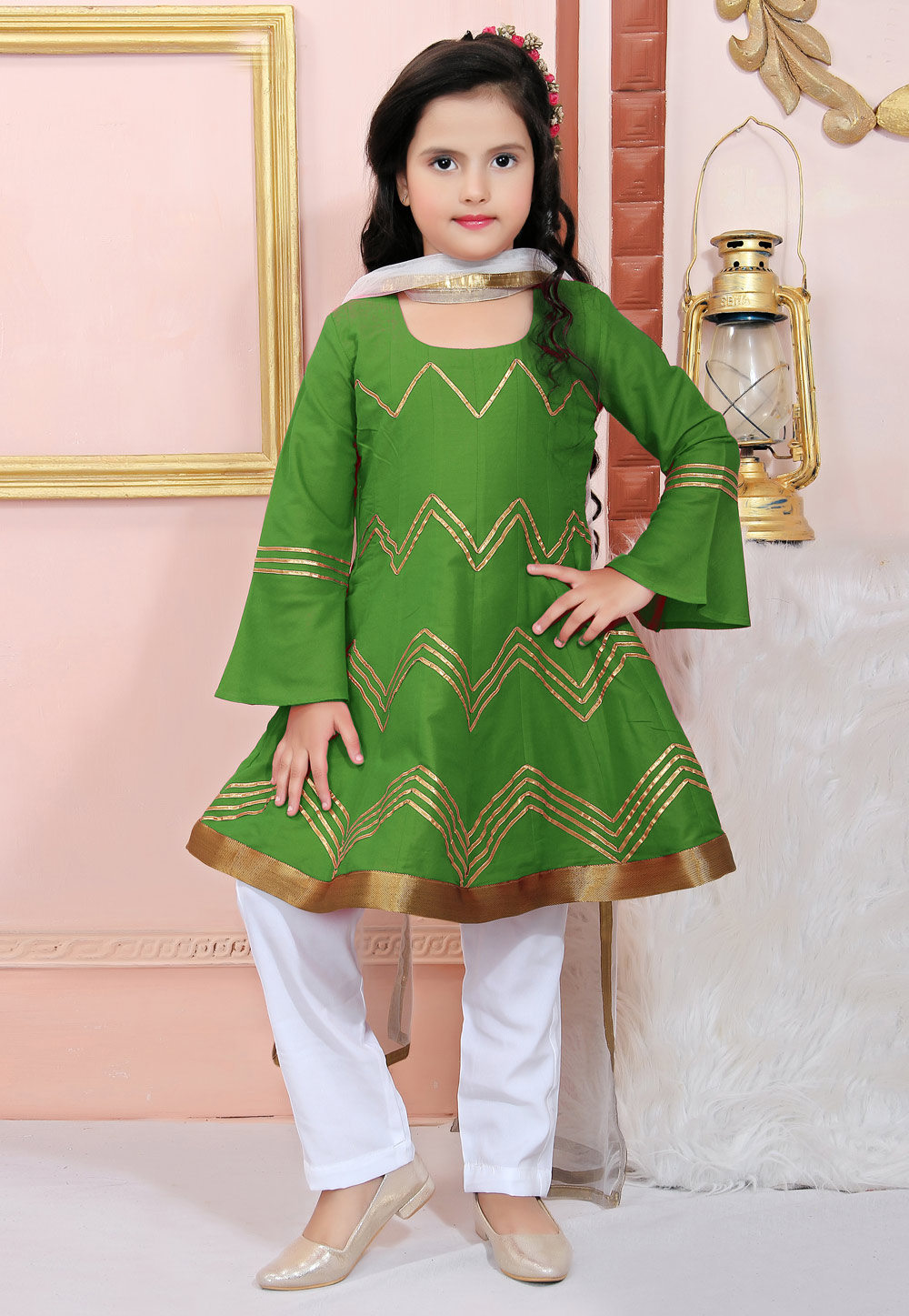Green Cotton Silk Kids Pant Style Suit 312247