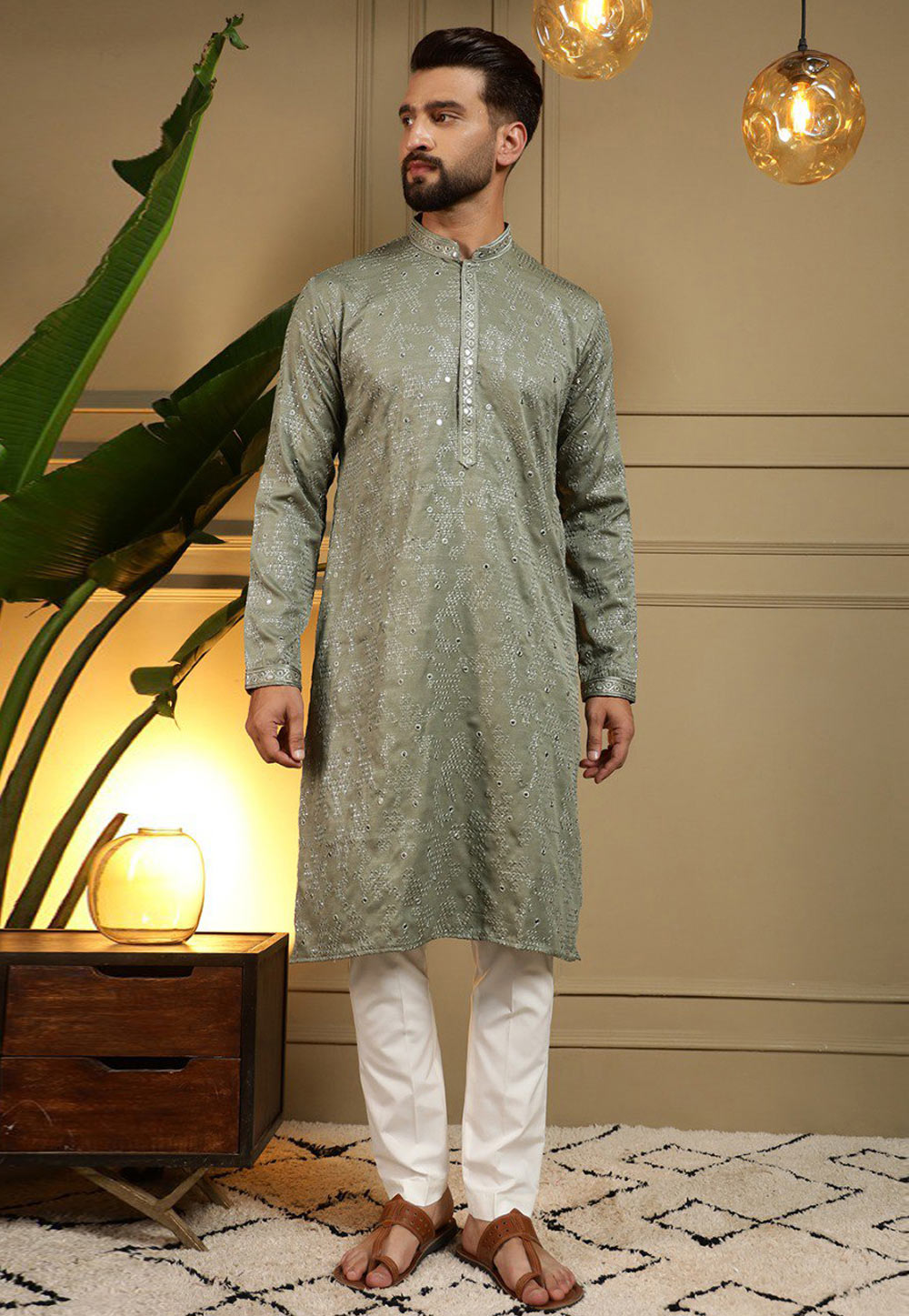 Green Cotton Silk Kurta Pajama 325857