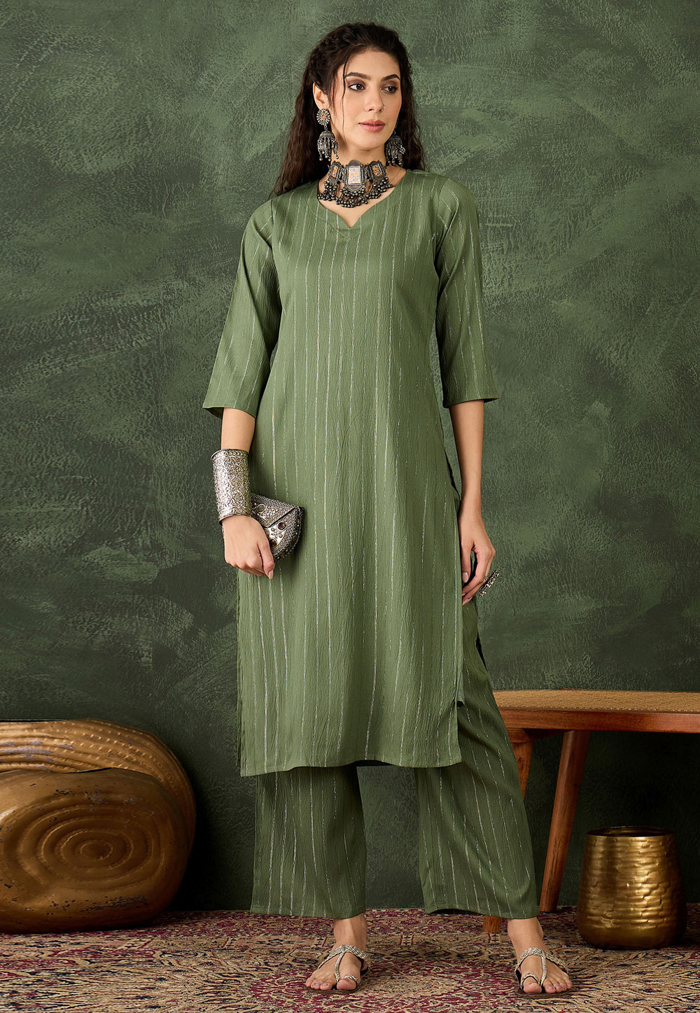 Green Cotton Silk Kurta Set With Palazzo 325221