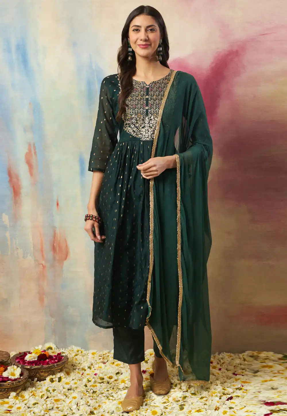 Green Cotton Silk Readymade Anarkali Suit 324933
