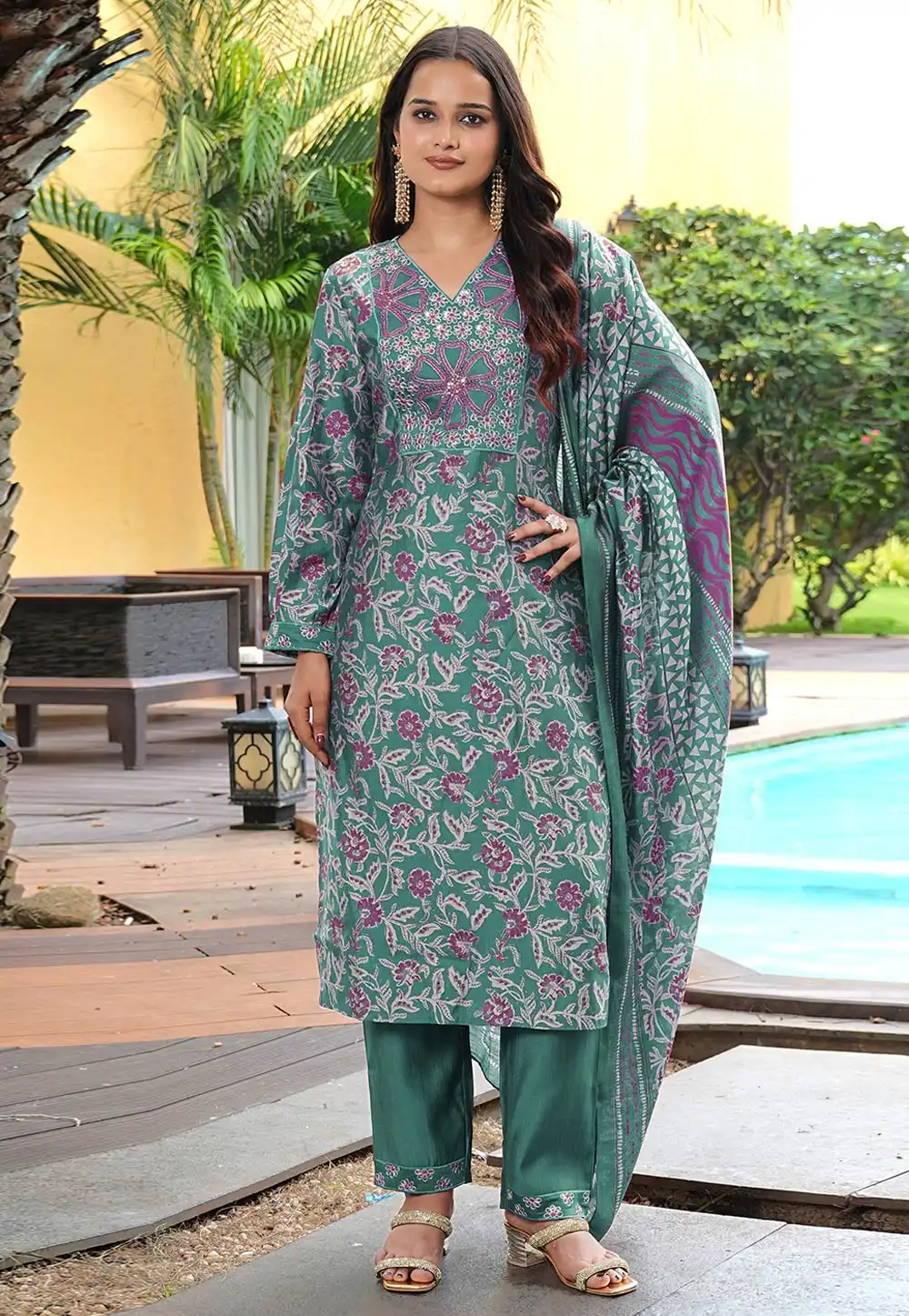 Green Cotton Silk Readymade Pakistani Suit 321717