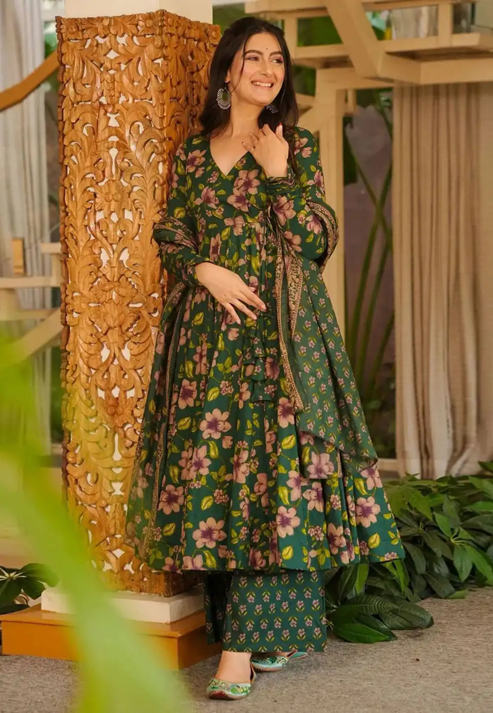 Green Cotton Silk Readymade Palazzo Suit 326893