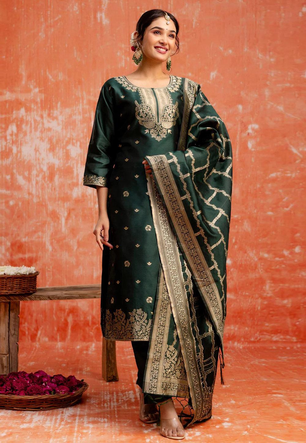 Green Cotton Silk Readymade Pant Style Suit 308830
