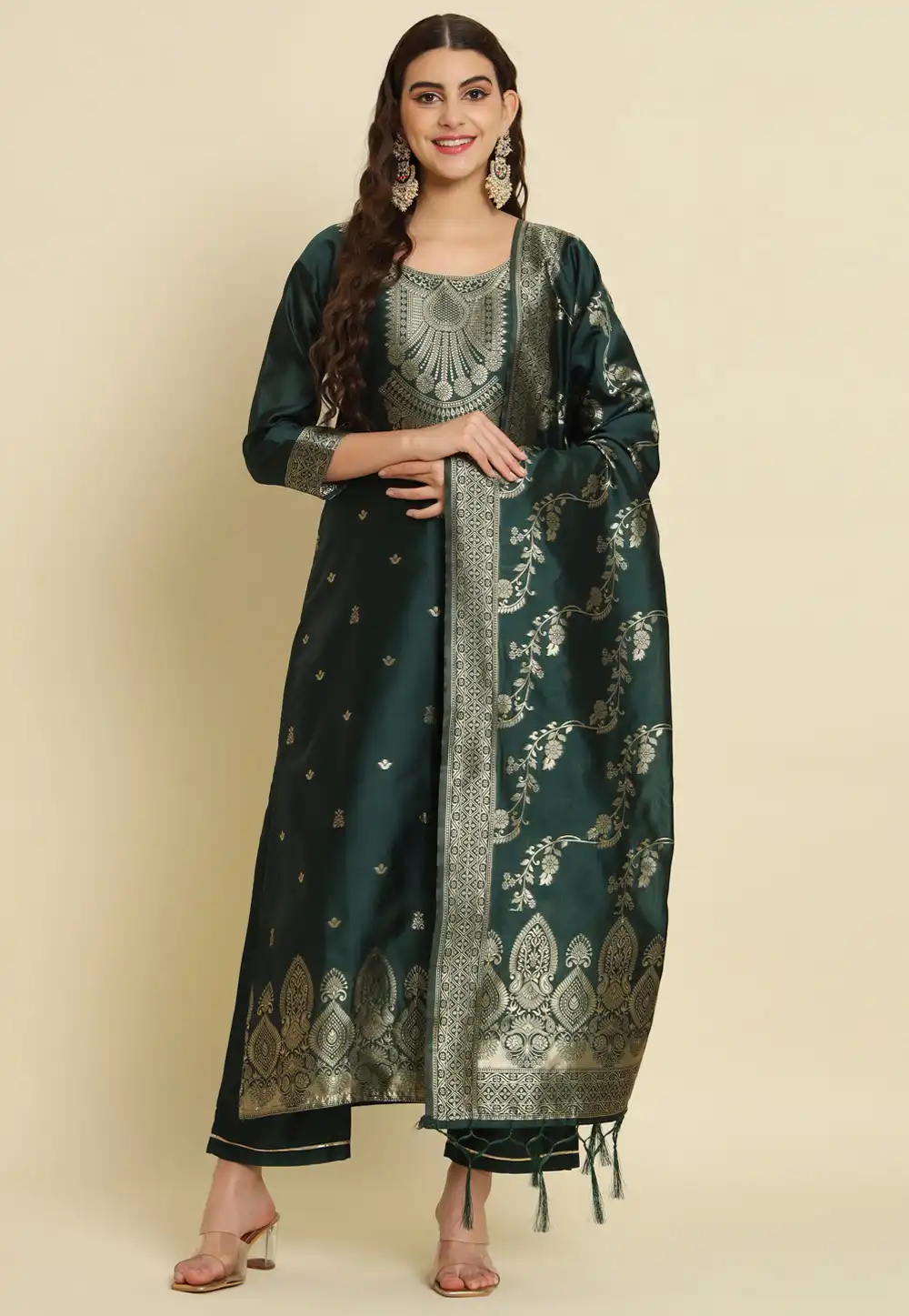 Green Cotton Silk Readymade Pant Style Suit 310607