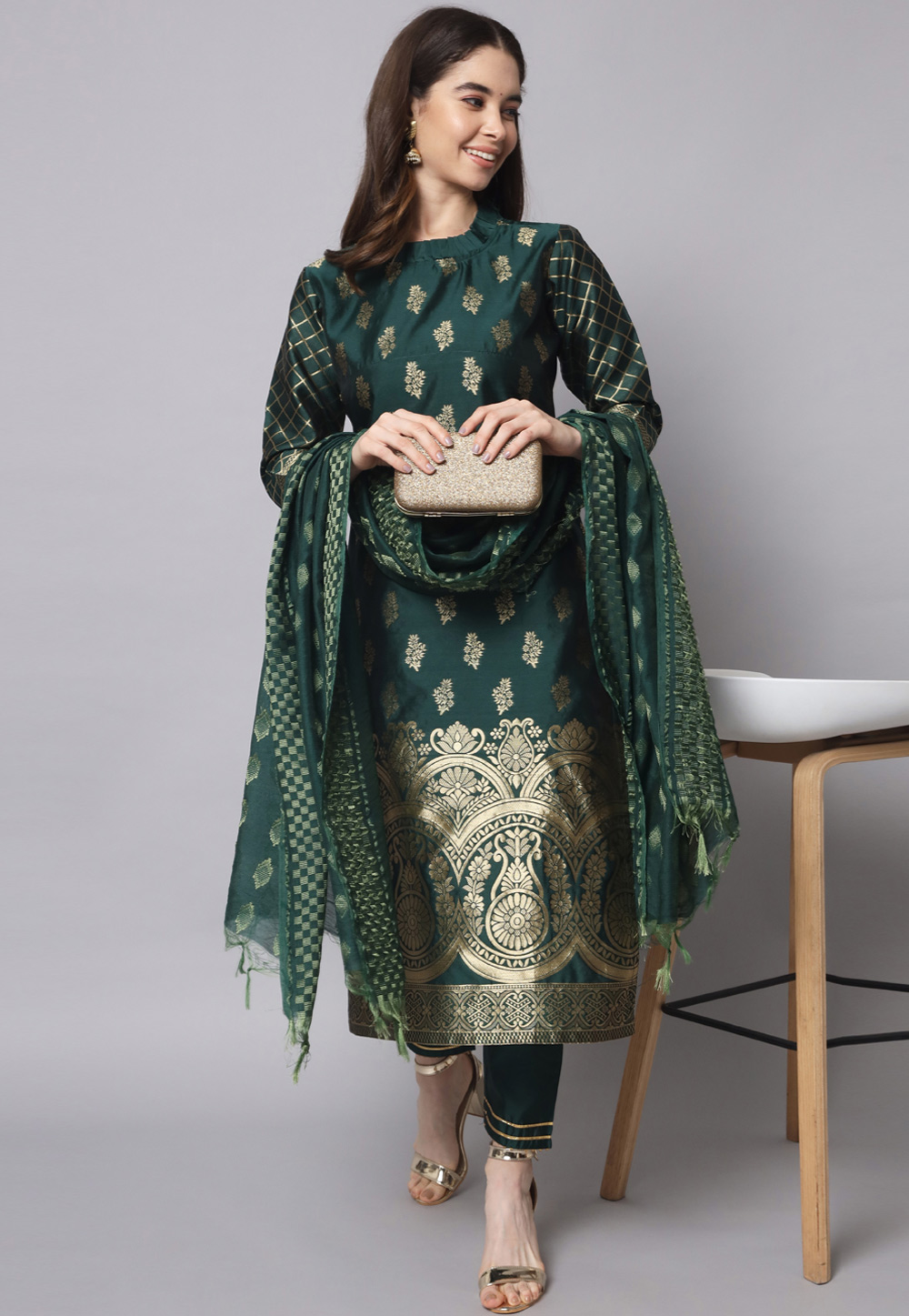 Green Cotton Silk Readymade Pant Style Suit 312199
