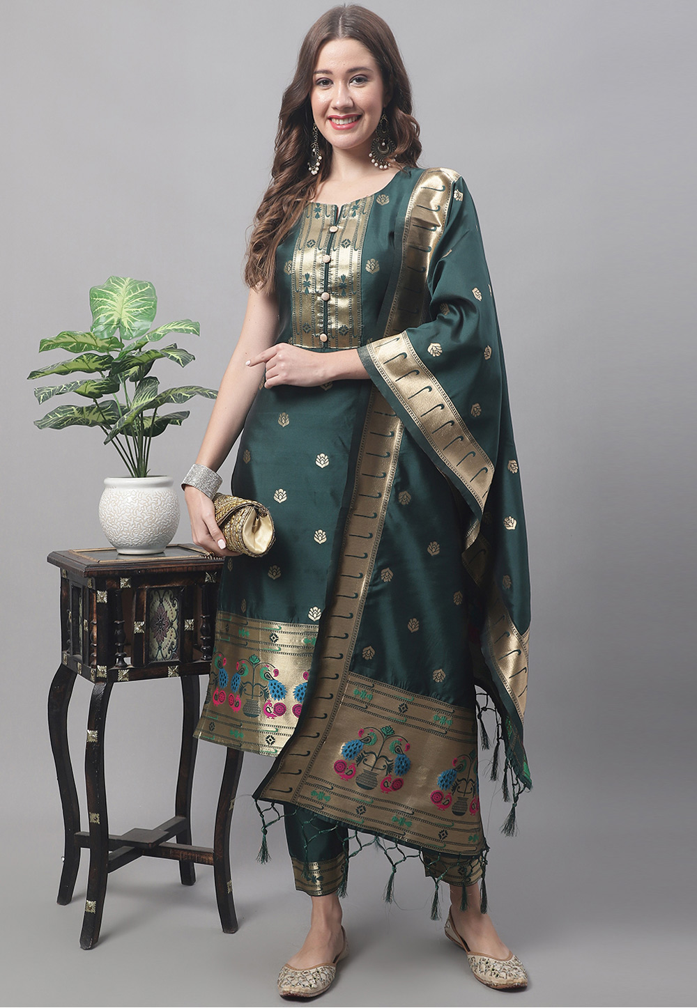 Green Cotton Silk Readymade Pant Style Suit 312226