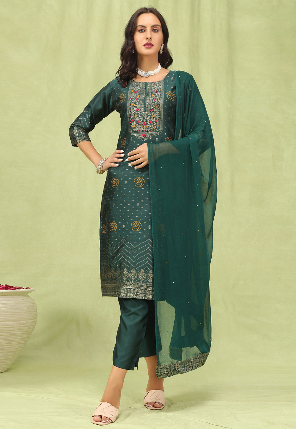 Green Cotton Silk Readymade Pant Style Suit 318904