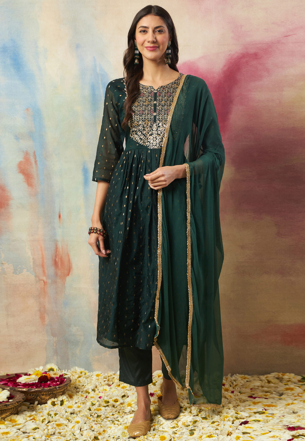 Green Cotton Silk Readymade Pant Style Suit 318923