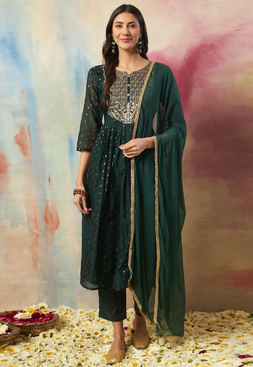 Green Cotton Silk Readymade Pant Style Suit 318923