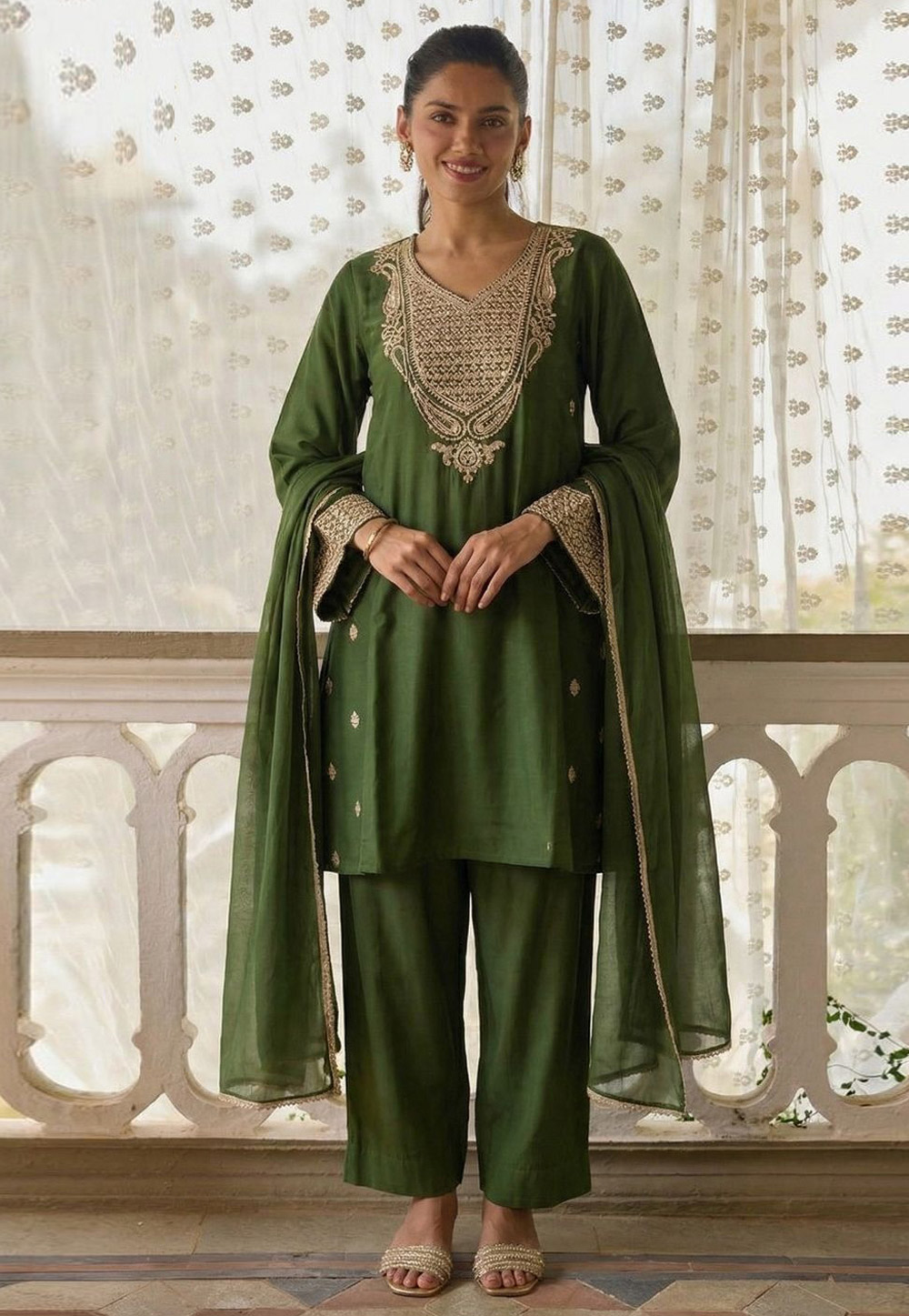 Green Cotton Silk Readymade Pant Style Suit 327940