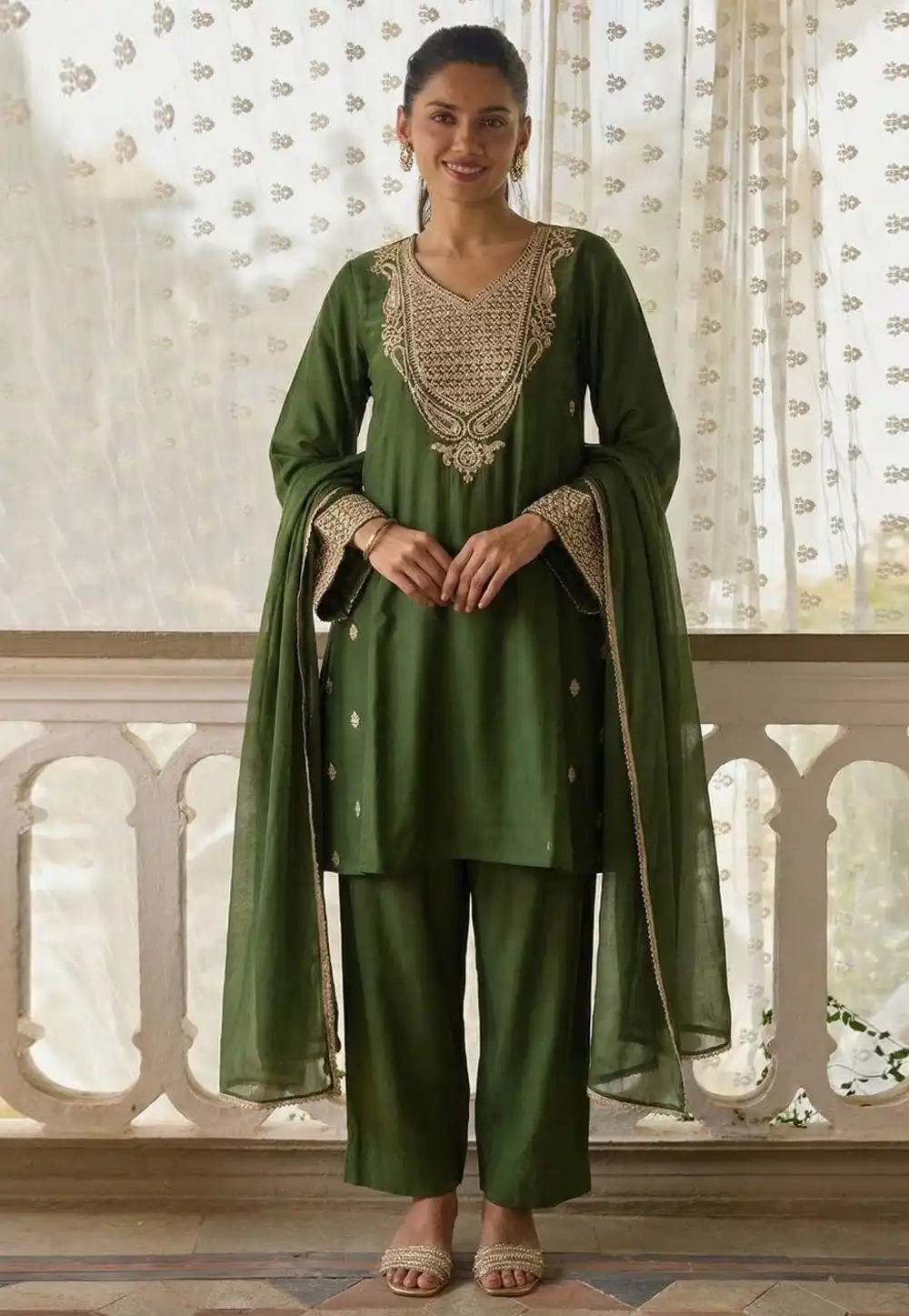 Green Cotton Silk Readymade Pant Style Suit 327940